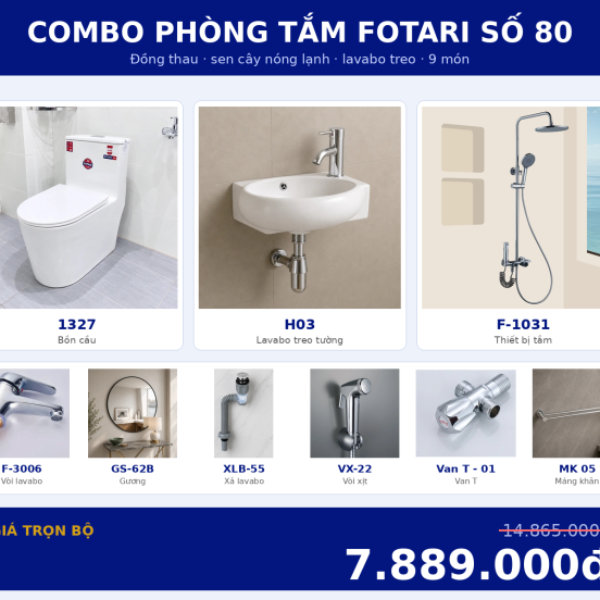 Combo nóng lạnh 13 — 9 món — lavabo treo tường — Đồng thau
