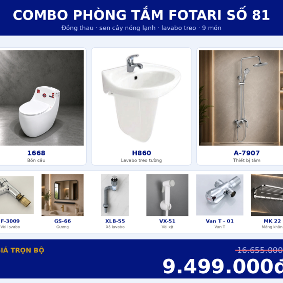 Combo nóng lạnh 18 — 9 món — lavabo treo tường — Đồng thau