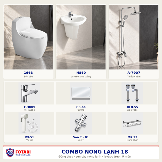 Combo nóng lạnh 18 — 9 món — lavabo treo tường — Đồng thau