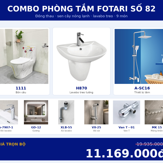 Combo nóng lạnh 27 — 9 món — lavabo treo tường — Đồng thau
