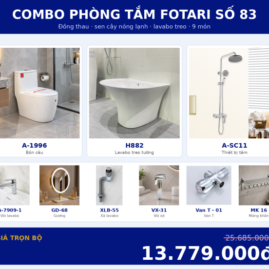 Combo nóng lạnh 35 — 9 món — lavabo treo tường — Đồng thau