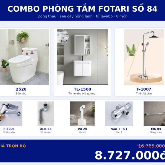 Combo nóng lạnh 16 — 8 món — tủ lavabo — Đồng thau