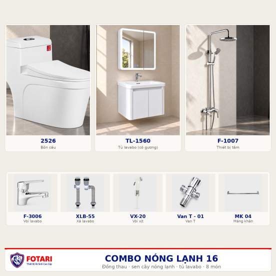 Combo nóng lạnh 16 — 8 món — tủ lavabo — Đồng thau