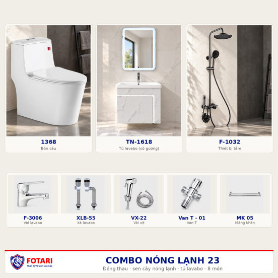 Combo nóng lạnh 23 — 8 món — tủ lavabo — Đồng thau