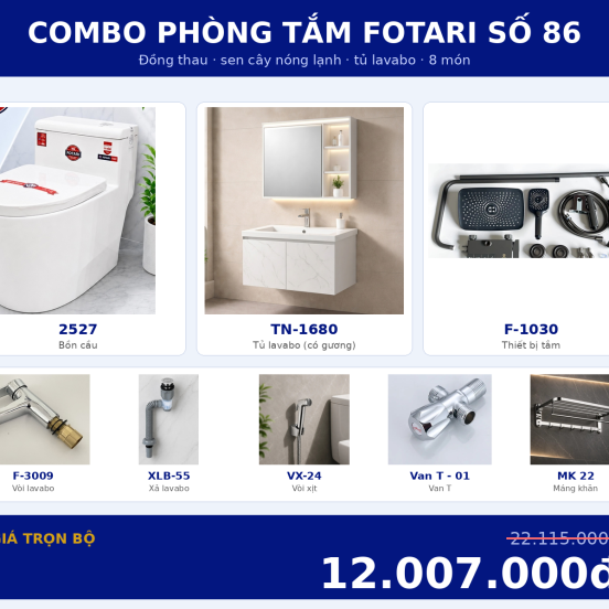 Combo nóng lạnh 30 — 8 món — tủ lavabo — Đồng thau