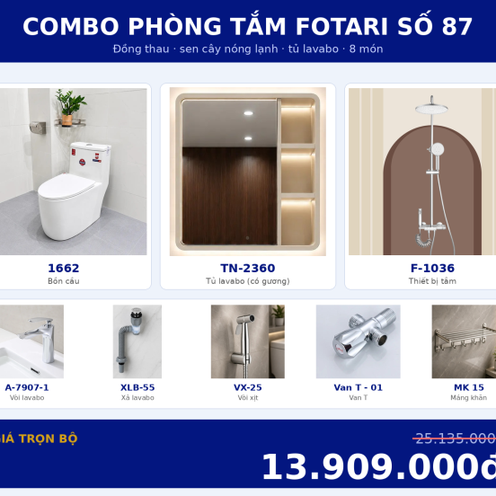 Combo nóng lạnh 36 — 8 món — tủ lavabo — Đồng thau