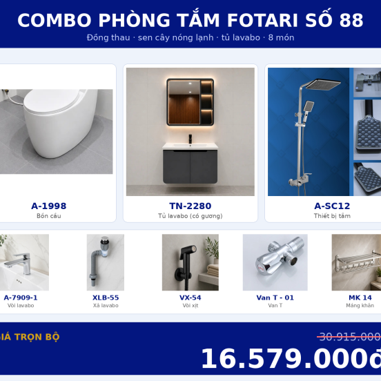 Combo nóng lạnh 40 — 8 món — tủ lavabo — Đồng thau