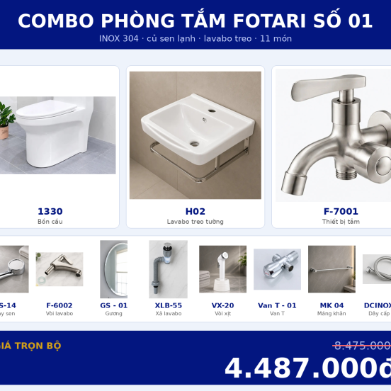 Combo lạnh 01 — 11 món — lavabo treo tường — INOX 304