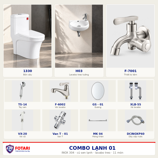 Combo lạnh 01 — 11 món — lavabo treo tường — INOX 304