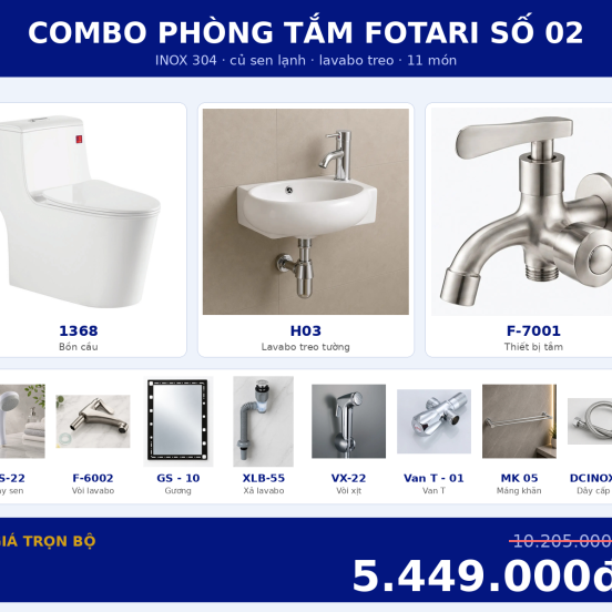 Combo lạnh 04 — 11 món — lavabo treo tường — INOX 304