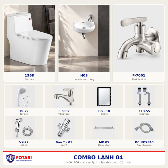 Combo lạnh 04 — 11 món — lavabo treo tường — INOX 304