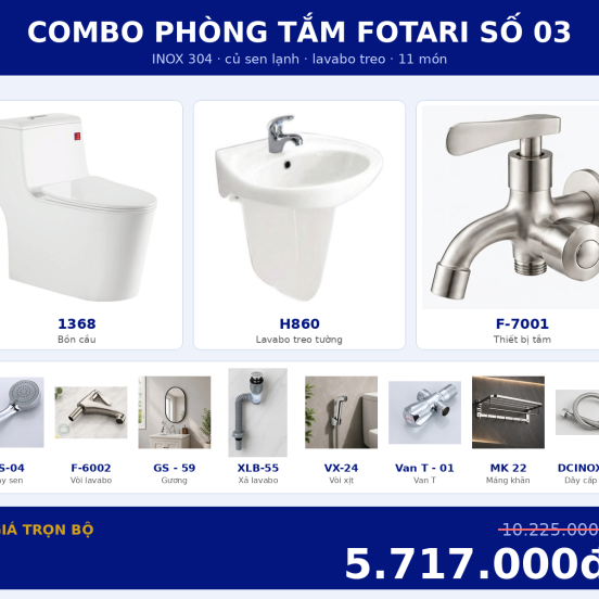 Combo lạnh 07 — 11 món — lavabo treo tường — INOX 304