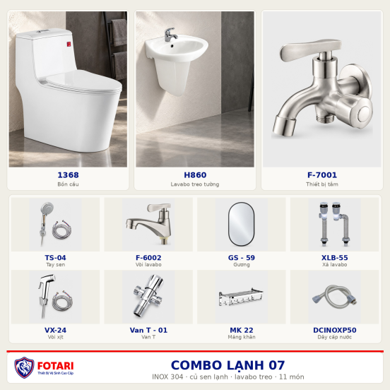 Combo lạnh 07 — 11 món — lavabo treo tường — INOX 304