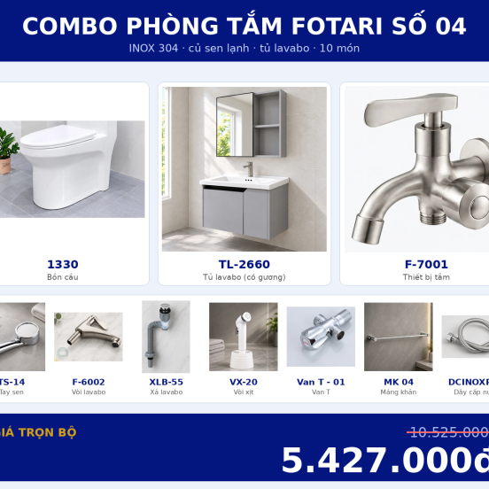 Combo lạnh 03 — 10 món — tủ lavabo — INOX 304