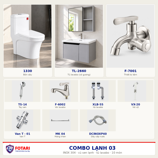 Combo lạnh 03 — 10 món — tủ lavabo — INOX 304