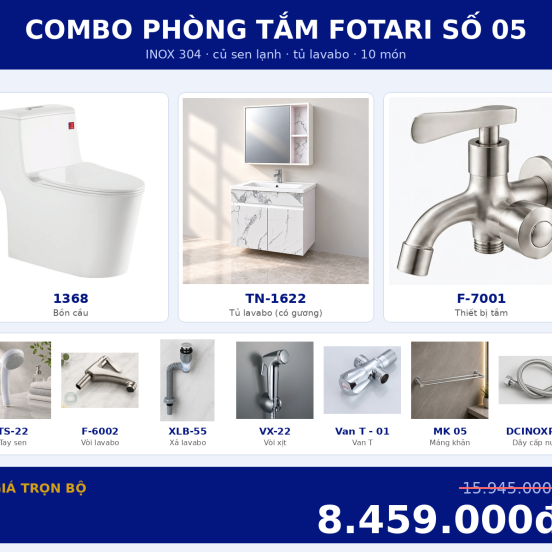 Combo lạnh 16 — 10 món — tủ lavabo — INOX 304