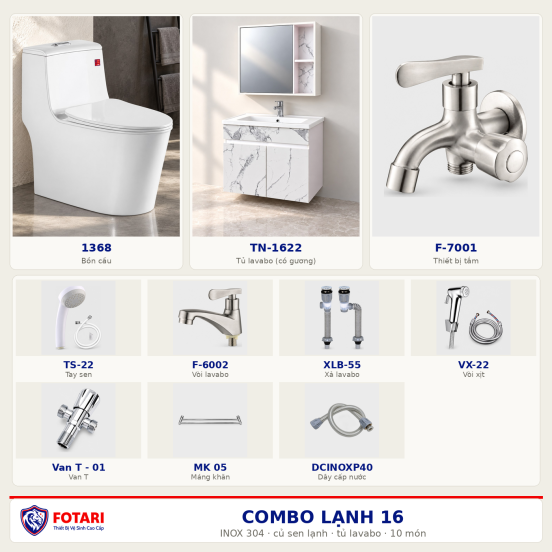 Combo lạnh 16 — 10 món — tủ lavabo — INOX 304