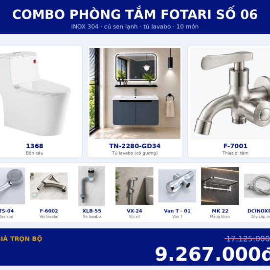 Combo lạnh 18 — 10 món — tủ lavabo — INOX 304