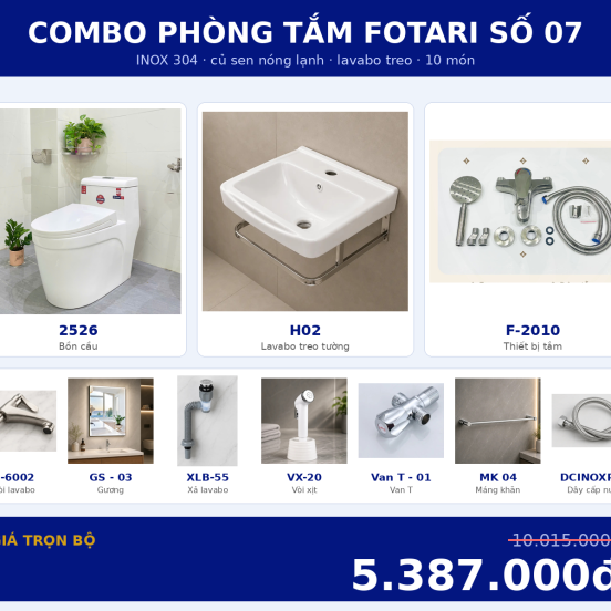 Combo kết hợp 02 — 10 món — lavabo treo tường — INOX 304