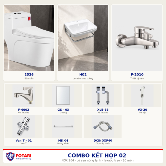 Combo kết hợp 02 — 10 món — lavabo treo tường — INOX 304