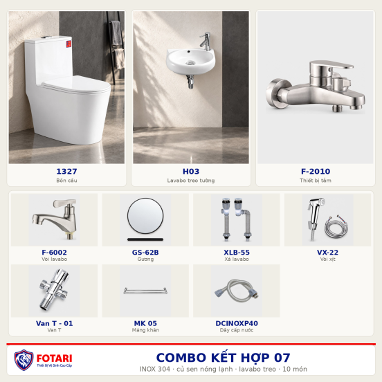 Combo kết hợp 07 — 10 món — lavabo treo tường — INOX 304