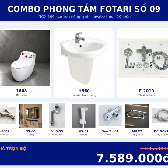 Combo kết hợp 13 — 10 món — lavabo treo tường — INOX 304
