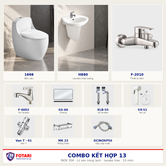 Combo kết hợp 13 — 10 món — lavabo treo tường — INOX 304