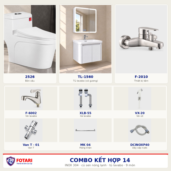 Combo kết hợp 14 — 9 món — tủ lavabo — INOX 304