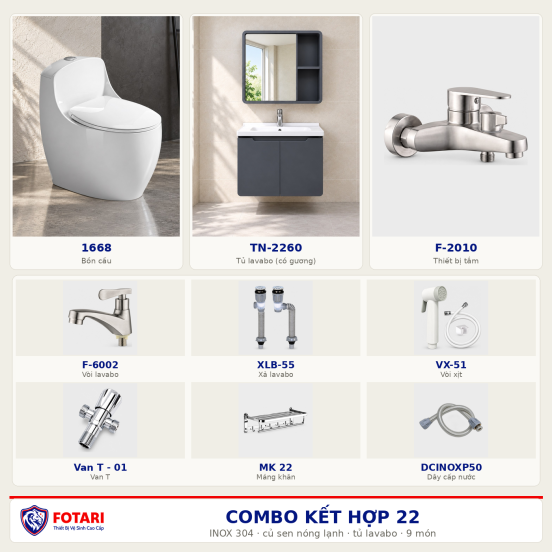 Combo kết hợp 22 — 9 món — tủ lavabo — INOX 304