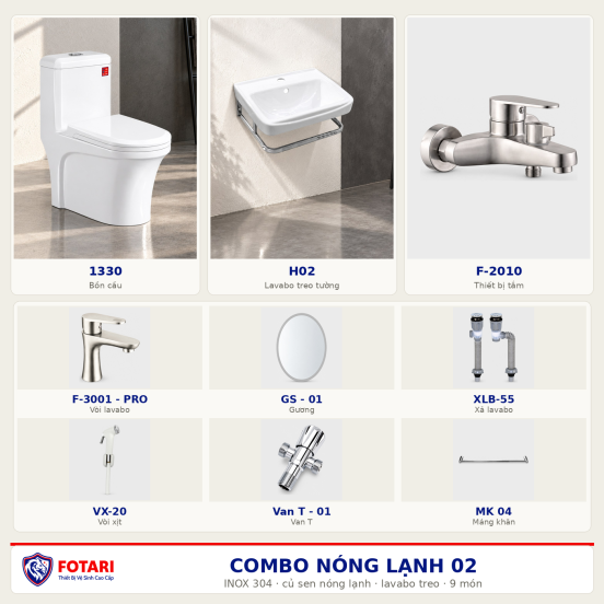 Combo nóng lạnh 02 — 9 món — lavabo treo tường — INOX 304