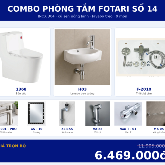 Combo nóng lạnh 08 — 9 món — lavabo treo tường — INOX 304