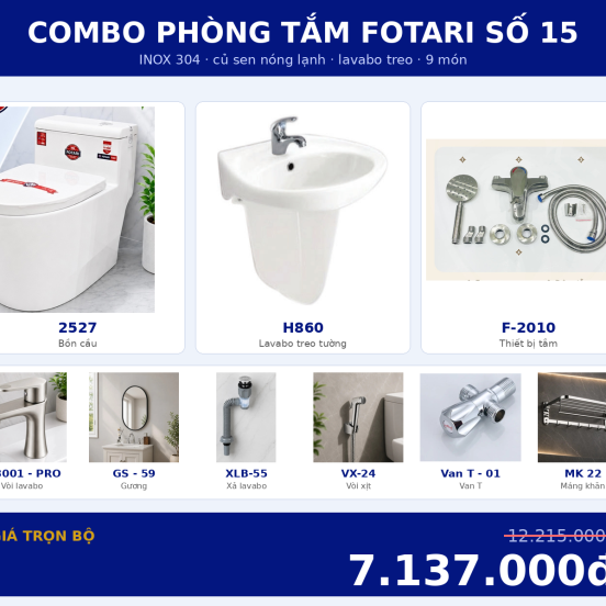 Combo nóng lạnh 11 — 9 món — lavabo treo tường — INOX 304