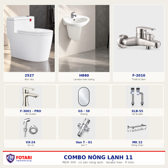 Combo nóng lạnh 11 — 9 món — lavabo treo tường — INOX 304