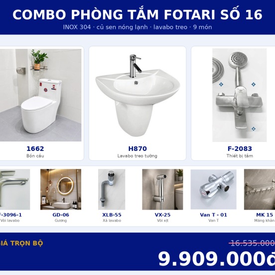 Combo nóng lạnh 21 — 9 món — lavabo treo tường — INOX 304