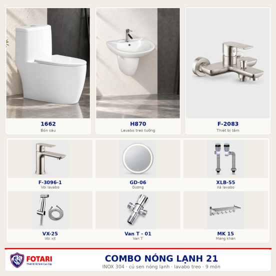 Combo nóng lạnh 21 — 9 món — lavabo treo tường — INOX 304