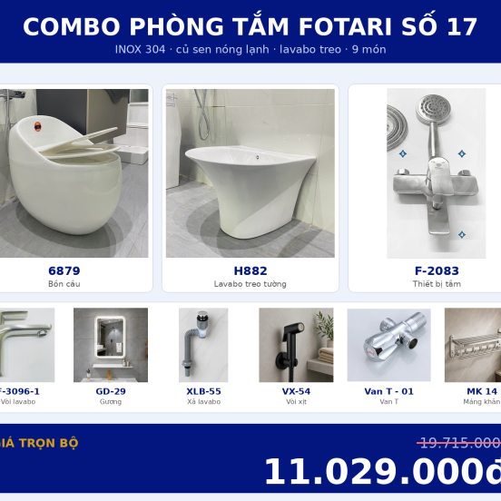 Combo nóng lạnh 26 — 9 món — lavabo treo tường — INOX 304