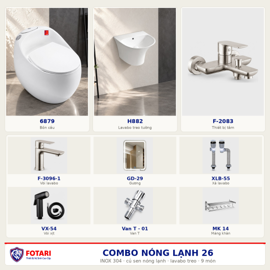 Combo nóng lạnh 26 — 9 món — lavabo treo tường — INOX 304
