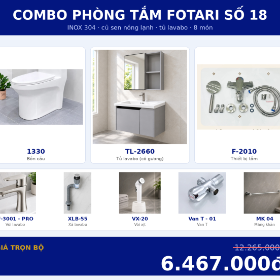 Combo nóng lạnh 07 — 8 món — tủ lavabo — INOX 304