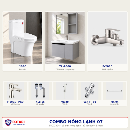 Combo nóng lạnh 07 — 8 món — tủ lavabo — INOX 304