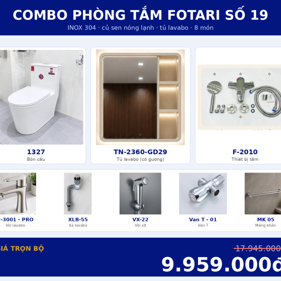 Combo nóng lạnh 22 — 8 món — tủ lavabo — INOX 304