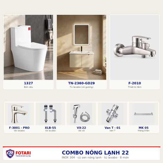 Combo nóng lạnh 22 — 8 món — tủ lavabo — INOX 304