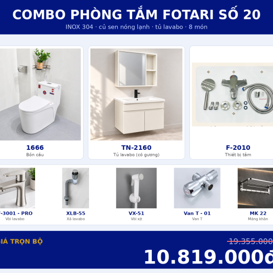 Combo nóng lạnh 25 — 8 món — tủ lavabo — INOX 304