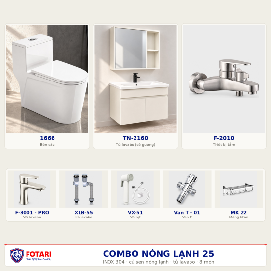 Combo nóng lạnh 25 — 8 món — tủ lavabo — INOX 304