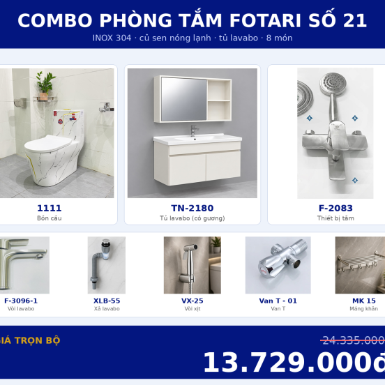 Combo nóng lạnh 34 — 8 món — tủ lavabo — INOX 304