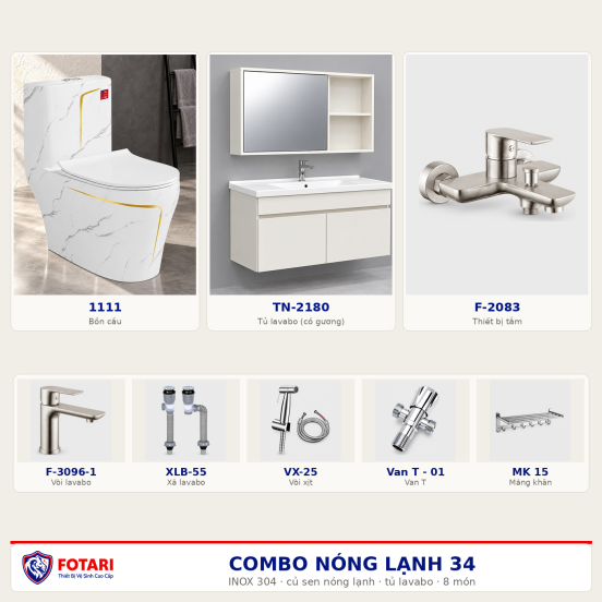 Combo nóng lạnh 34 — 8 món — tủ lavabo — INOX 304