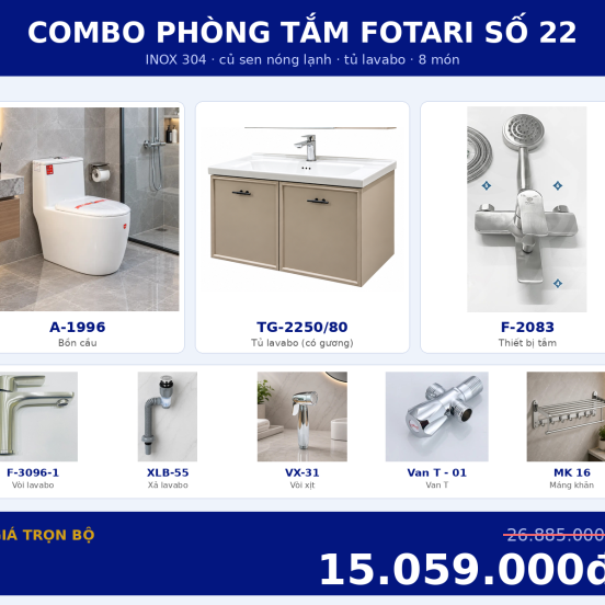Combo nóng lạnh 37 — 8 món — tủ lavabo — INOX 304
