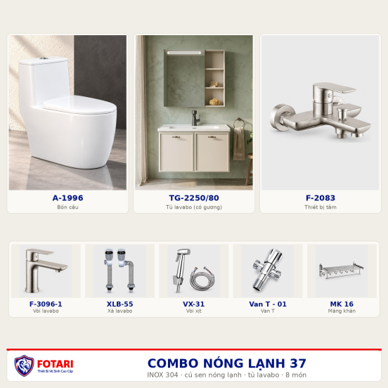 Combo nóng lạnh 37 — 8 món — tủ lavabo — INOX 304