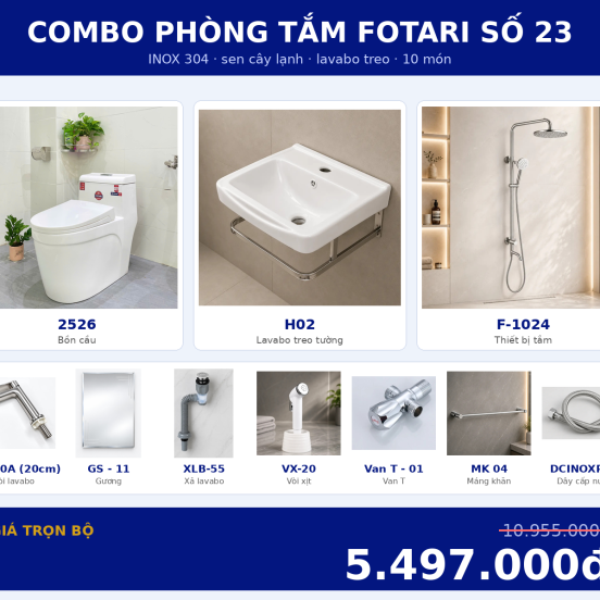 Combo lạnh 05 — 10 món — lavabo treo tường — INOX 304