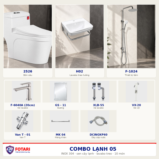 Combo lạnh 05 — 10 món — lavabo treo tường — INOX 304