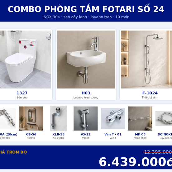 Combo lạnh 10 — 10 món — lavabo treo tường — INOX 304